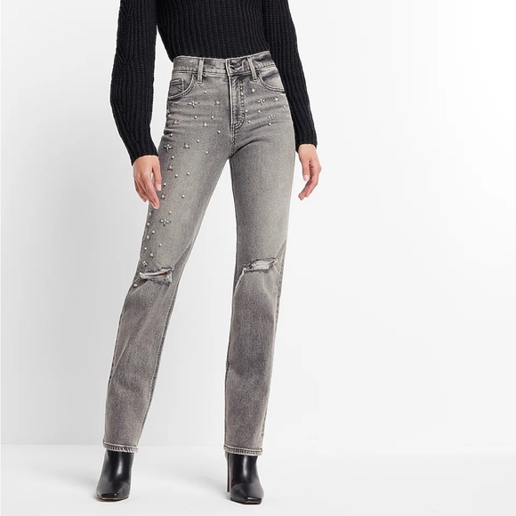 Express High Waisted Ripped Pearl Embellishment Modern Straight Jeans - Picture 3 of 16